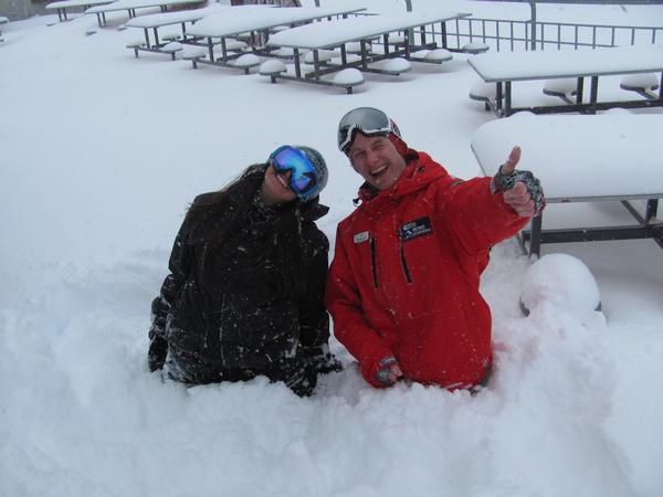 The Remarkables snowsports instructors Bri Delfs (L) and Guy McCully (R) revelling in the snow on the deck